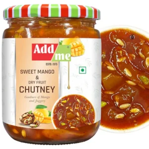 Add me Sweet Navratan Mango Chutney Pickle with Dry Fruits 600g aam ki khatta meetha Achar Without Oil aam ki chatni Mango jam/Preserve in Spices Glass Pack