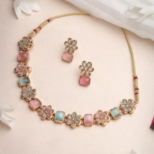 Sukkhi Youthful Floral Gold Plated Multicolor AD Stone Collar Bone Necklace Set And Earring | Jewellery Set For Women (NS105514)