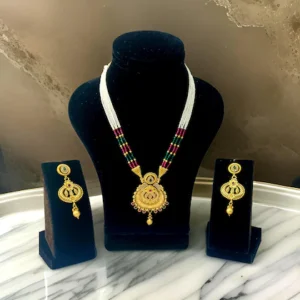 J D Jewellers Womens Artificial Jadau Jewellery Ethnic Rajwadi 24k Gold Plated Pearl Long Necklace Set Gold Plated Pearl Beaded Rani Haar Necklace Set Earring for Women