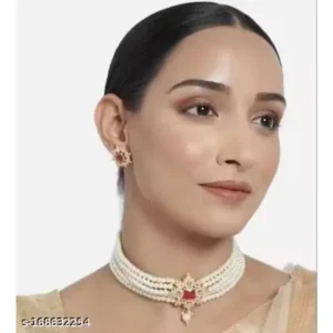 Jeevan Saathi Allure Chic Jewellery Set for Women & Girls | Gold Plated Brass with Cubic Zirconia (American Diamond) Stones | Adjustable Choker & Earrings