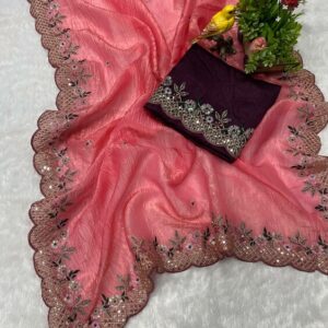 Nayanthara Trends Women's Gold Crush Embroidery Work Saree With Unstitched Blouse Piece