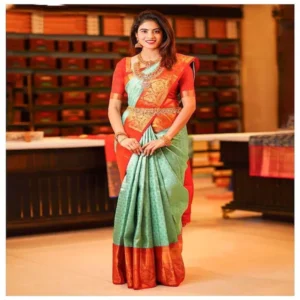 CLODD7STAR Women Kanjeevaram Silk Saree with Floral Woven Motifs and Blouse Piece