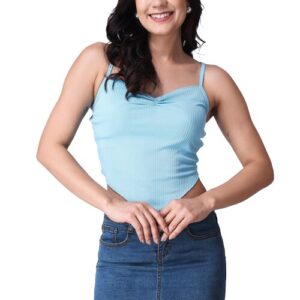 Popwings Women Casual Sky Blue Strap Hankie Crop Top