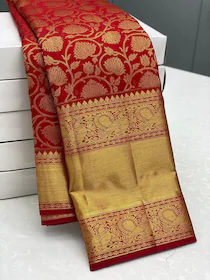 Om Shantam Sarees Red Woven, Self Design Banarasi Soft Silk, Jacquard Saree