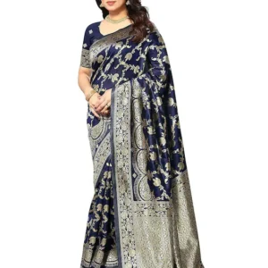 Sidhidata Women's Kanjivaram Banarasi Jacquard Silk Saree With Blouse Piece (Free Size) Navy Blue