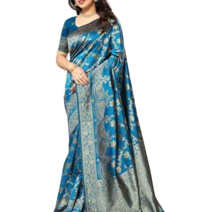 Sidhidata Women's Kanjivaram Banarasi Jacquard Silk Saree With Blouse Piece (Free Size) Sky Blue