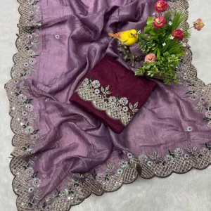 Nayanthara Trends Women's Gold Crush Embroidery Work Saree With Unstitched Blouse Piece