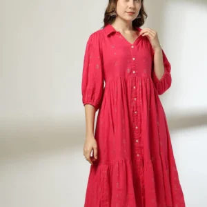 Women Foil Print Midi Tiered Dress