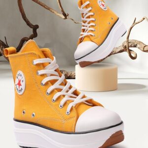 FLYNCE Yellow Boots for Women - Embellished Casual High Top Ankle Boots - Ankle Boot Shoe - Chunky Ankle Length Shoes for Women and Girls