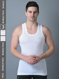 Dollar Bigboss Men's White Pack of 3 Solid Combed Cotton Shrinkless Vest