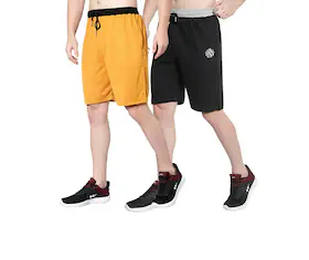 Oora Men Mustard, Black Cotton Pack Of 2 Shorts