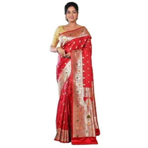 Aishani Collection Woven Pure Katan Silk Banarasi weddig Saree with Blouse Piece (Red & Gold)