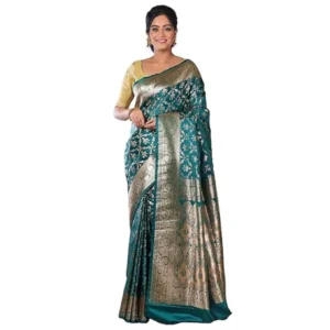 Aishani Collection Woven Pure Katan Silk Banarasi Wedding Saree with Blouse Piece (Green & Silver)