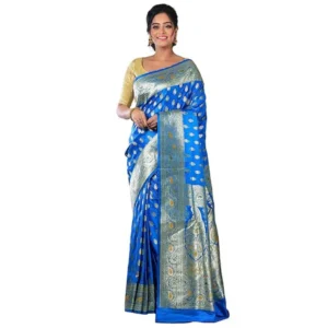 Aishani Collection Woven Pure Katan Silk Banarasi Wedding Saree with Blouse Piece (Firoja Blue & Silver)