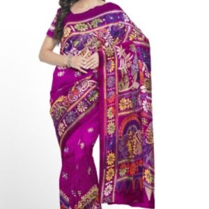 SAMVITA's Pink Hand Embroidered Kantha Work Art Silk Saree For Women Wedding Wear