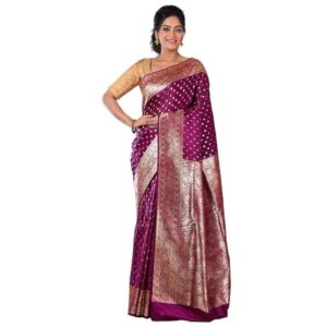 Aishani Collection Woven Pure Katan Silk Banarasi Wedding Saree with Blouse Piece (Magenta & Golden)