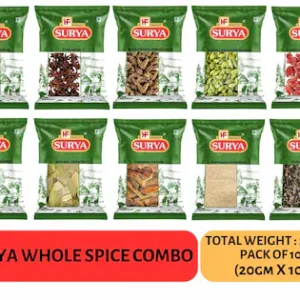 SURYA 200gm WHOLE SPICE COMBO-NUTMEG,STAR ANISE,BLACK CARDAMOM,GREEN CARDAMOM,MACE FLOWER,BLACK PEPPER,BAYLEAF,CINNAMON,POPPY SEEDS,CLOVE (Pack of 10; 20gmx10)