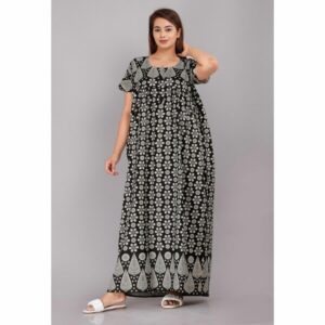 DIQR Cotton Printed Nighty for Women with Attractive Patterns, Breathable Fabric and Comfortable Feel for Night Sleep and Casual Home Wear | Black