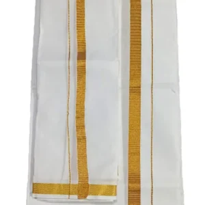Suman Tex Suman Tex Men White, Gold Cotton Set Of 2 Single Dhoti With Angavastram