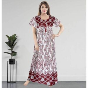 PrathaVastra Women Flower Printed Casual Wear Cotton | Full-Length Night Gown with Short Sleeves | Comfortable Sleepwear for Ladies & Girls Brown Nighty / Gown-MFNT5024-Brown
